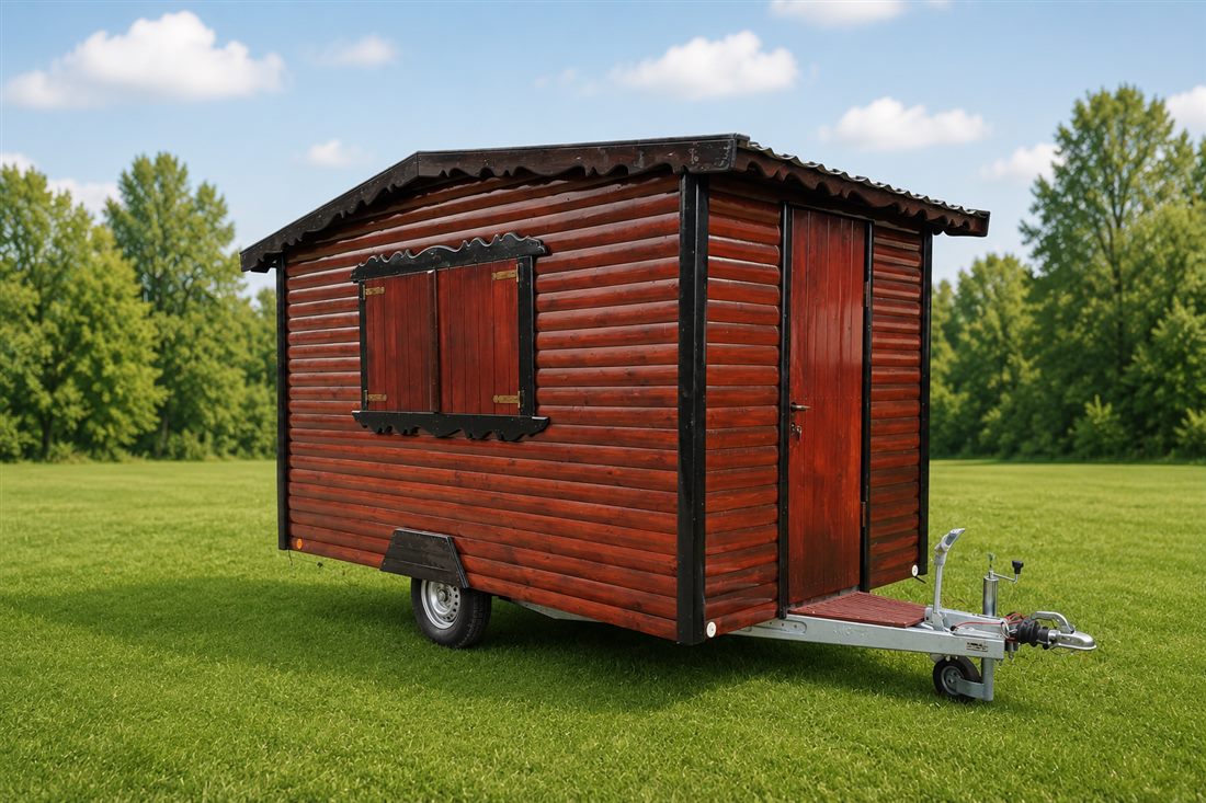 Stand mobil rustic cu sistem de remorcare